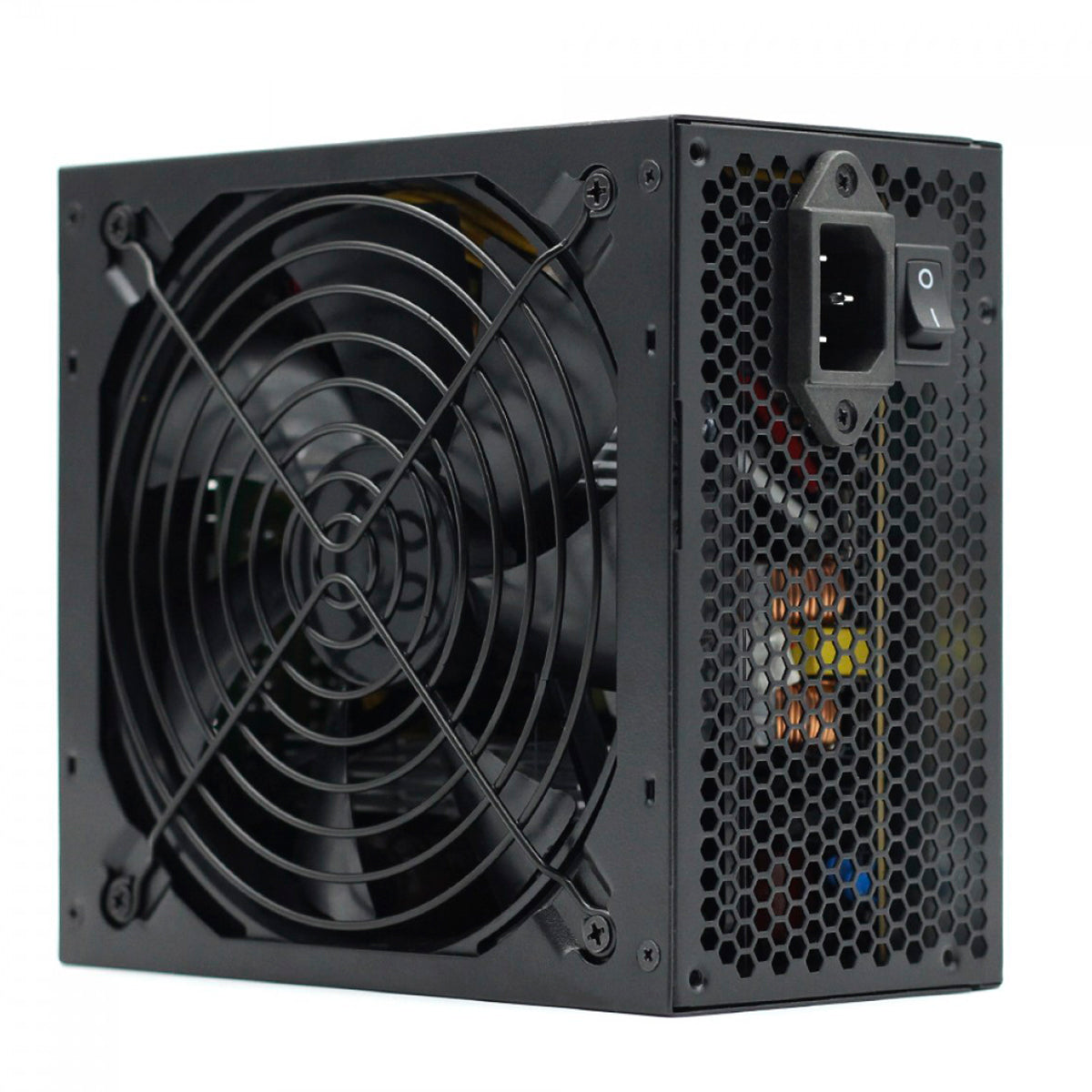Fonte Gamer Duex 850FSE++ 850W 80 Plus Bronze Full Modular PFC Ativo - Vista frontal da fonte de alimentação preta com ventoinha e grade de proteção, ideal para computadores gamers, mostrando conectores e design modular para melhor gerenciamento de cabos.