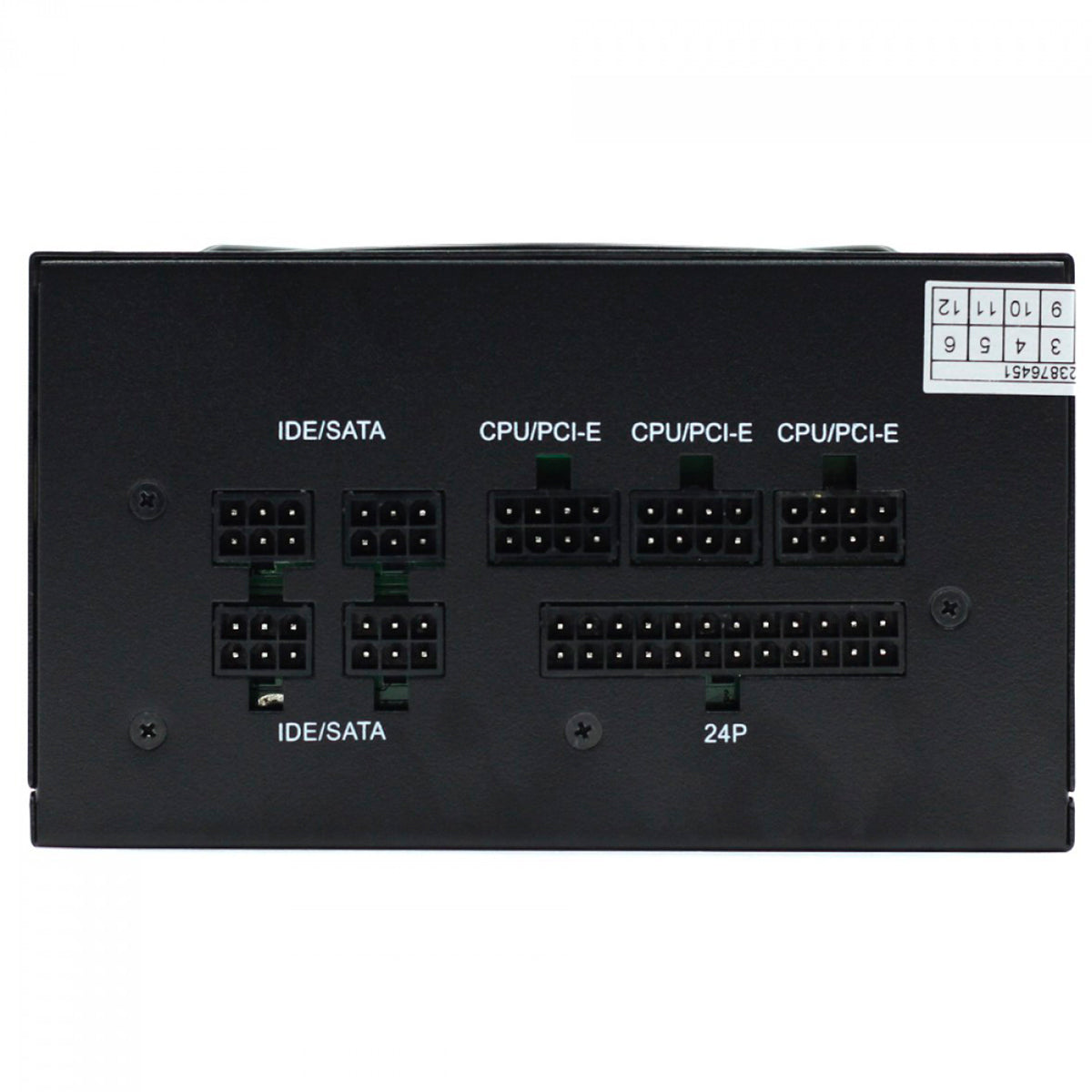 Fonte Gamer Duex 850FSE++ 850W 80 Plus Bronze Modular Pfc Ativo - Conectores modulares para placa-mãe, CPU e periféricos. Visão detalhada dos conectores IDE/SATA, CPU/PCI-E e 24 pinos.