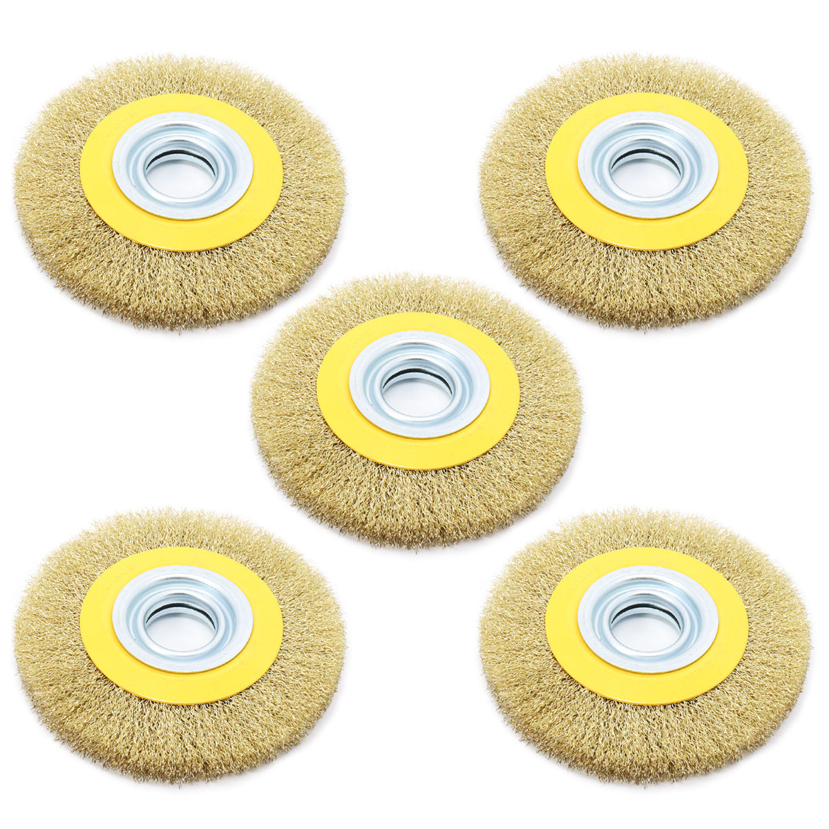 Kit com 5 escovas rotativas circulares latonadas 6x1 para motoesmeril. Ideal para remoção de ferrugem, limpeza e acabamento em aço ondulado. Acompanha buchas de redução e é perfeita para uso em diversas aplicações.
