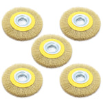Kit com 5 escovas rotativas circulares latonadas 6x1 para motoesmeril. Ideal para remoção de ferrugem, limpeza e acabamento em aço ondulado. Acompanha buchas de redução e é perfeita para uso em diversas aplicações.