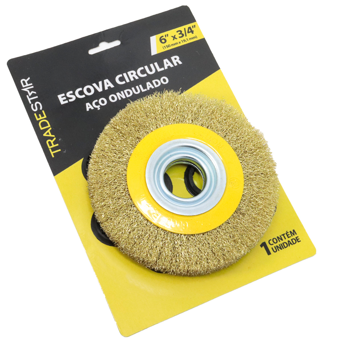 Kit com 5 Escovas Rotativa Circular Latonada 6X 3/4" para Motoesmeril, ideal para remoção de ferrugem e limpeza de peças em geral. Escova de aço ondulado, acompanha buchas de redução e é perfeita para uso em motoesmeril. Produto original, novo e com garantia.