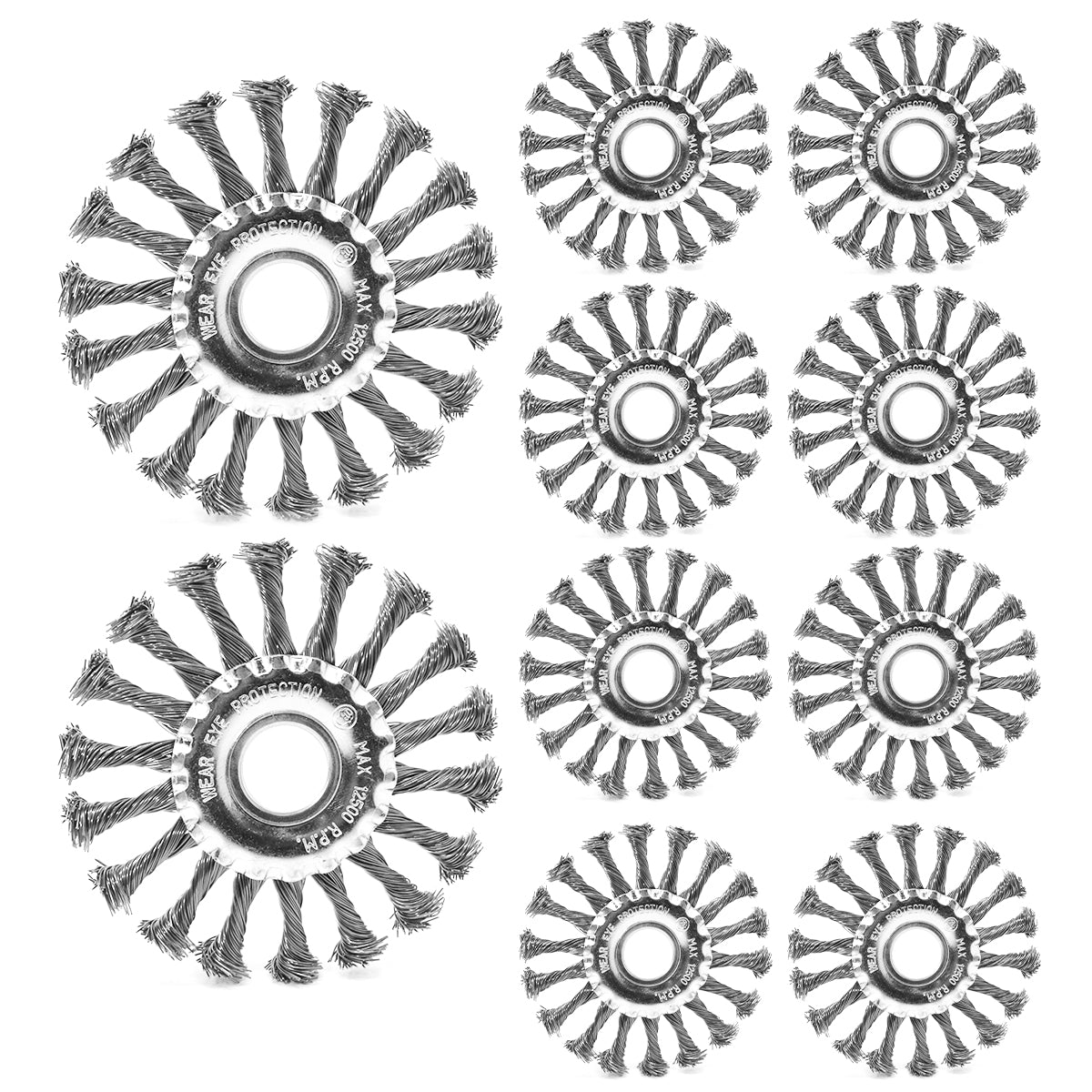 Kit com 10 escovas de aço circular rotativas trançadas de 4.1/2 polegadas (115mm) para limpeza e preparação de superfícies. Ferramenta de aço carbono para remoção de ferrugem, oxidação e resíduos. Ideal para uso em esmerilhadeiras e outras ferramentas rotativas.