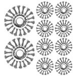 Kit com 10 escovas de aço circular rotativas trançadas de 4.1/2 polegadas (115mm) para limpeza e preparação de superfícies. Ferramenta de aço carbono para remoção de ferrugem, oxidação e resíduos. Ideal para uso em esmerilhadeiras e outras ferramentas rotativas.