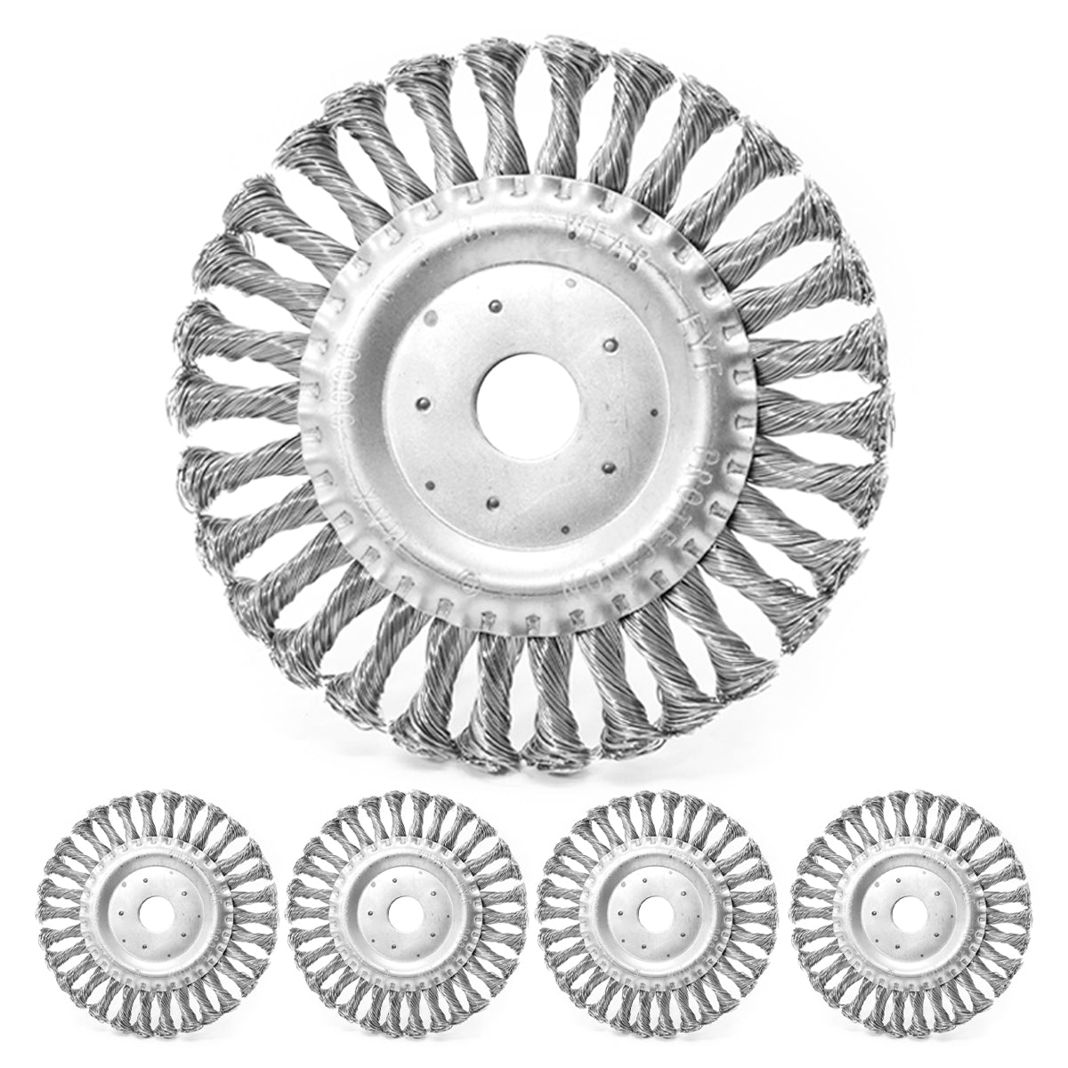 Kit com 5 escovas de aço circular rotativa trançada 6" (150mm) para limpeza e preparação de superfícies. Remove ferrugem, tinta e resíduos de solda. Ideal para uso em motoesmeril.