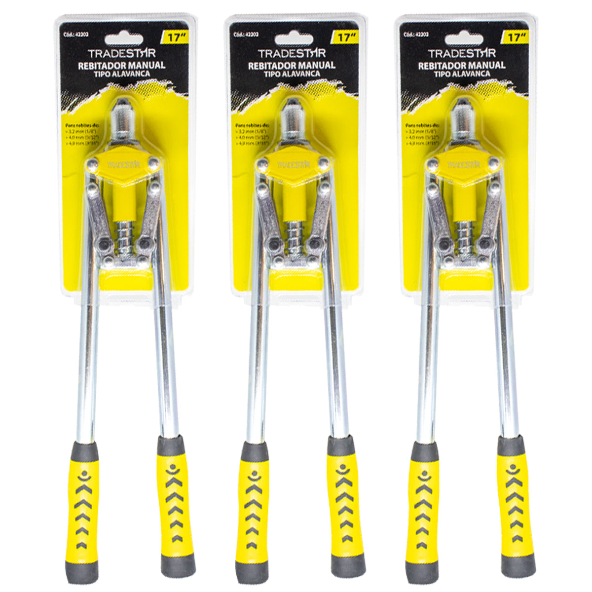 Kit com 3 alicates rebitadores manuais tipo alavanca de 17 polegadas (42 cm), Tradestar, com cabos emborrachados amarelos e pretos. Ferramenta profissional para fixação de rebites de 1/8", 5/32" e 3/16". Ideal para uso em metal, plástico e couro. Inclui embalagem com informações sobre o produto.