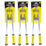 Kit com 3 alicates rebitadores manuais tipo alavanca de 17 polegadas (42 cm), Tradestar, com cabos emborrachados amarelos e pretos. Ferramenta profissional para fixação de rebites de 1/8", 5/32" e 3/16". Ideal para uso em metal, plástico e couro. Inclui embalagem com informações sobre o produto.