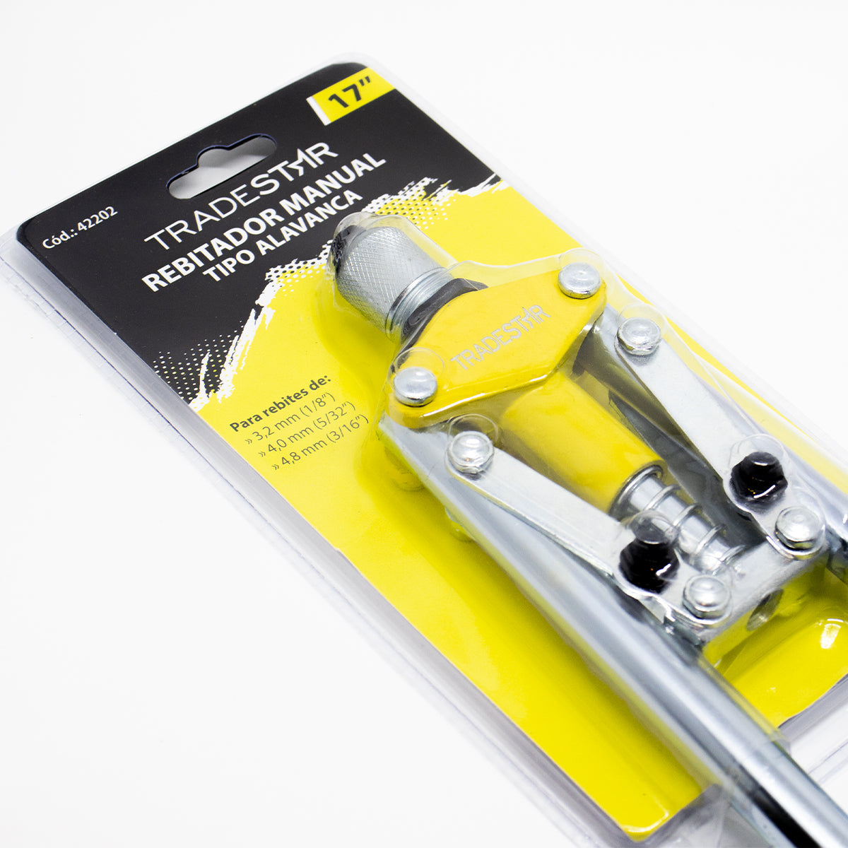 Kit 03 Alicate Rebitador Profissional Tipo Alavanca 17 Pol. TRADESTAR, ideal para fixação de rebites de 1/8", 5/32" e 3/16". Ferramenta manual com design ergonômico e resistente, perfeita para uso profissional em diversas aplicações.