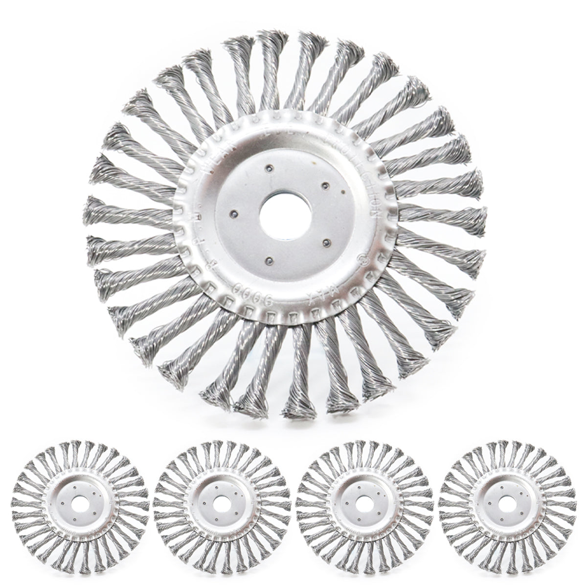 Kit 5 Escova De Aço Circular Rotativa Trançada 7" 180mm para limpeza e preparação de superfícies, remove ferrugem, pintura e resíduos. Ideal para uso em motoesmeril. Aço carbono, durável e eficiente.