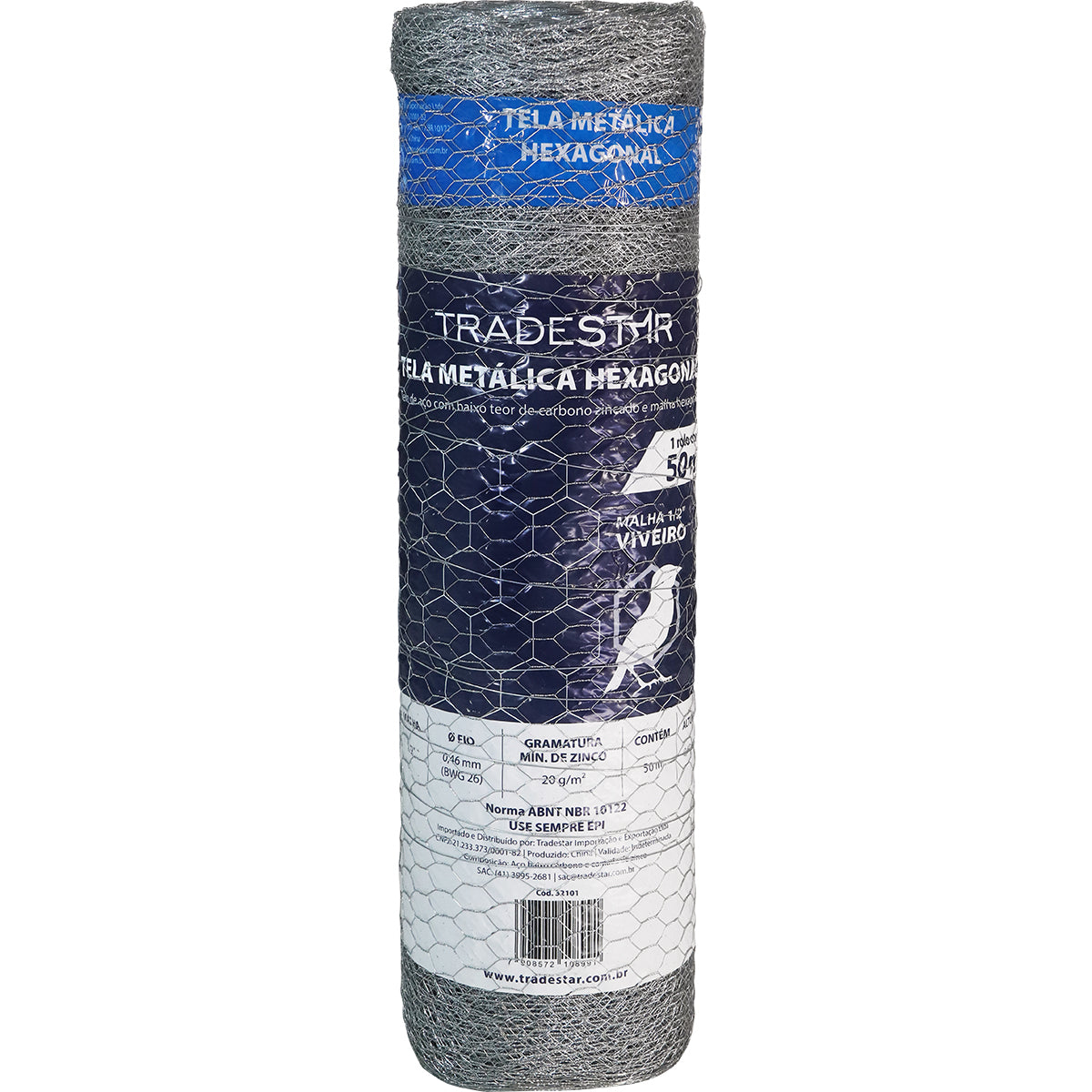 Tela metálica hexagonal para viveiro Tradestar BWG-26, rolo de 60cm x 50m, malha 1/2", aço carbono zincado, ideal para proteção de aves e pequenos animais, pronta entrega e com garantia.