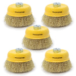 Kit 5 Escovas de Aço para Esmerilhadeira Lixadeira Copo 100mm M14, ideal para remoção de ferrugem, tintas e limpeza de peças em geral. Escova de aço carbono ondulado, com rosca M14 e 4 polegadas (100mm). Ferramenta para uso em esmerilhadeira angular.