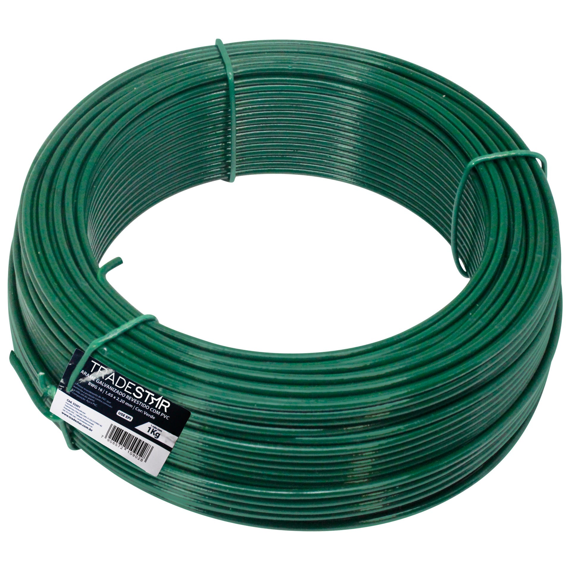 Arame para tela revestido PVC 1kg verde BWG16 1,65mm Tradestar, ideal para instalação de gesso, com proteção contra corrosão e longa vida útil. Arame galvanizado revestido, 1 rolo de 1kg, cor verde.
