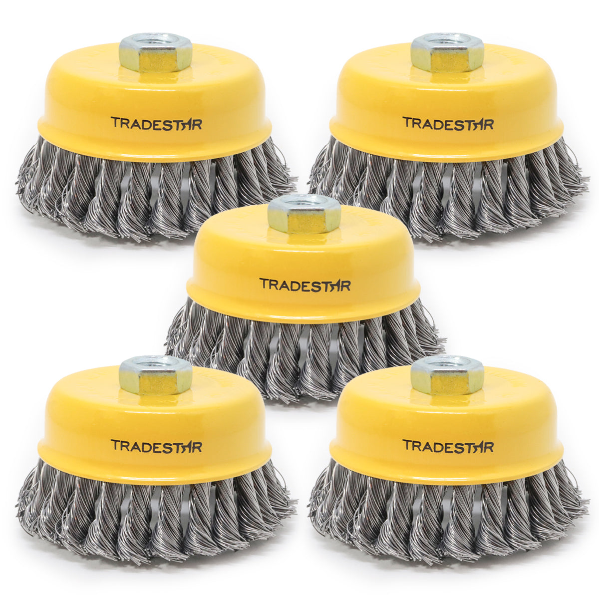 Kit com 5 escovas de aço para esmerilhadeira/lixadeira tipo copo de 100mm com rosca M14. Ferramenta ideal para remover ferrugem, tintas e resíduos em diversas superfícies. Escovas de aço resistentes e duráveis, perfeitas para uso profissional.