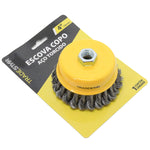 5 Escovas de Aço para Esmerilhadeira Lixadeira Copo 100 mm M14 - Kit com 5 escovas de aço torcido, ideal para remover ferrugem, tintas e resíduos em diversas superfícies. Encaixe M14, 4 polegadas (100mm). Ferramenta para limpeza e preparação de peças em geral. Produto original, novo e com garantia.