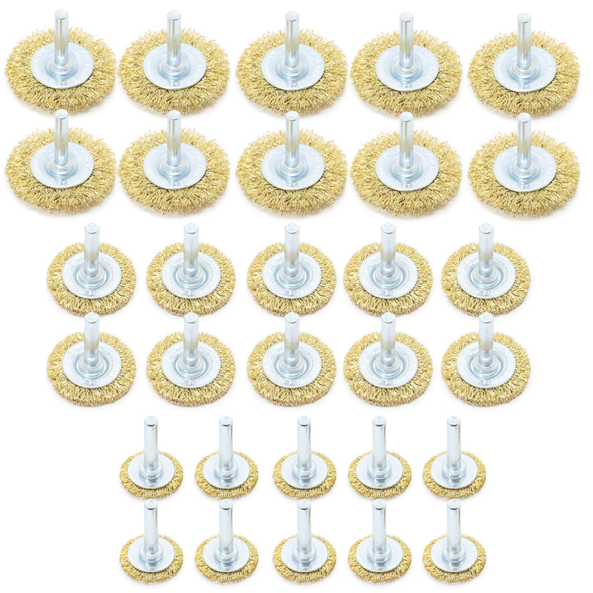 Kit com 30 escovas de aço circular para furadeira com haste de 1/4". Conjunto com 3 tamanhos diferentes (1", 1.1/2" e 2") para limpeza e remoção em diversas superfícies. Ideal para uso profissional.
