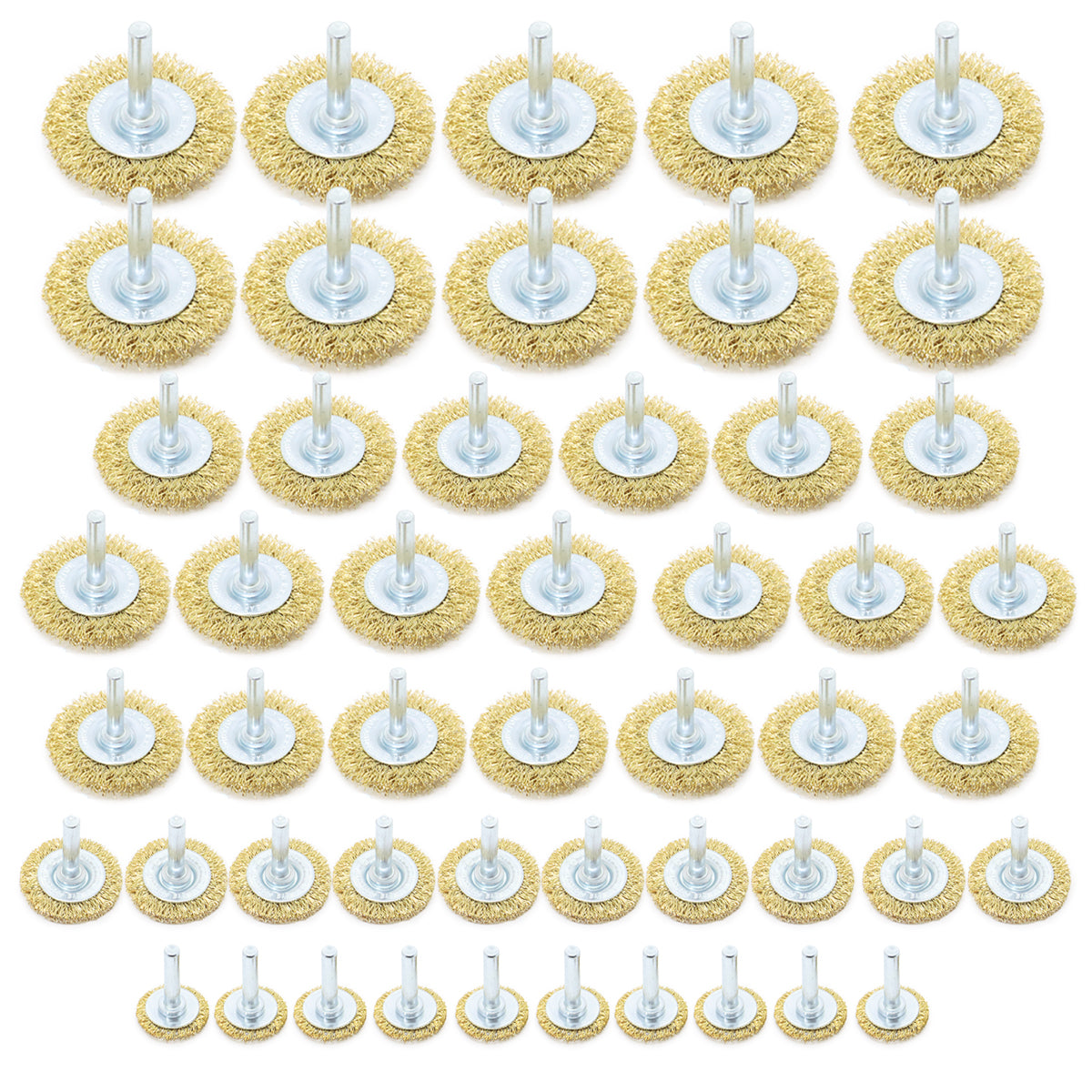 Kit com 50 escovas de aço circular para furadeira com haste de 1/4", ideal para limpeza e remoção em diversas superfícies. Conjunto com diferentes tamanhos para versatilidade e eficiência em trabalhos profissionais.