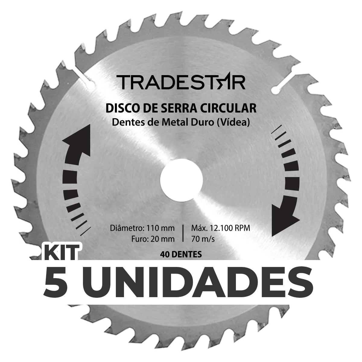 Kit 5 Discos de Serra Circular para Madeira 40 Dentes 110x20mm Makita - Tradestar. Discos de serra de alta performance com dentes de metal duro (vídea), ideais para cortes precisos em madeira. Kit com 5 unidades, diâmetro de 110mm, furo de 20mm, 40 dentes e velocidade máxima de 12.100 RPM. Ferramenta essencial para marceneiros e carpinteiros.