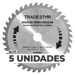 Kit 5 Discos de Serra Circular para Madeira 40 Dentes 110x20mm Makita - Tradestar. Discos de serra de alta performance com dentes de metal duro (vídea), ideais para cortes precisos em madeira. Kit com 5 unidades, diâmetro de 110mm, furo de 20mm, 40 dentes e velocidade máxima de 12.100 RPM. Ferramenta essencial para marceneiros e carpinteiros.