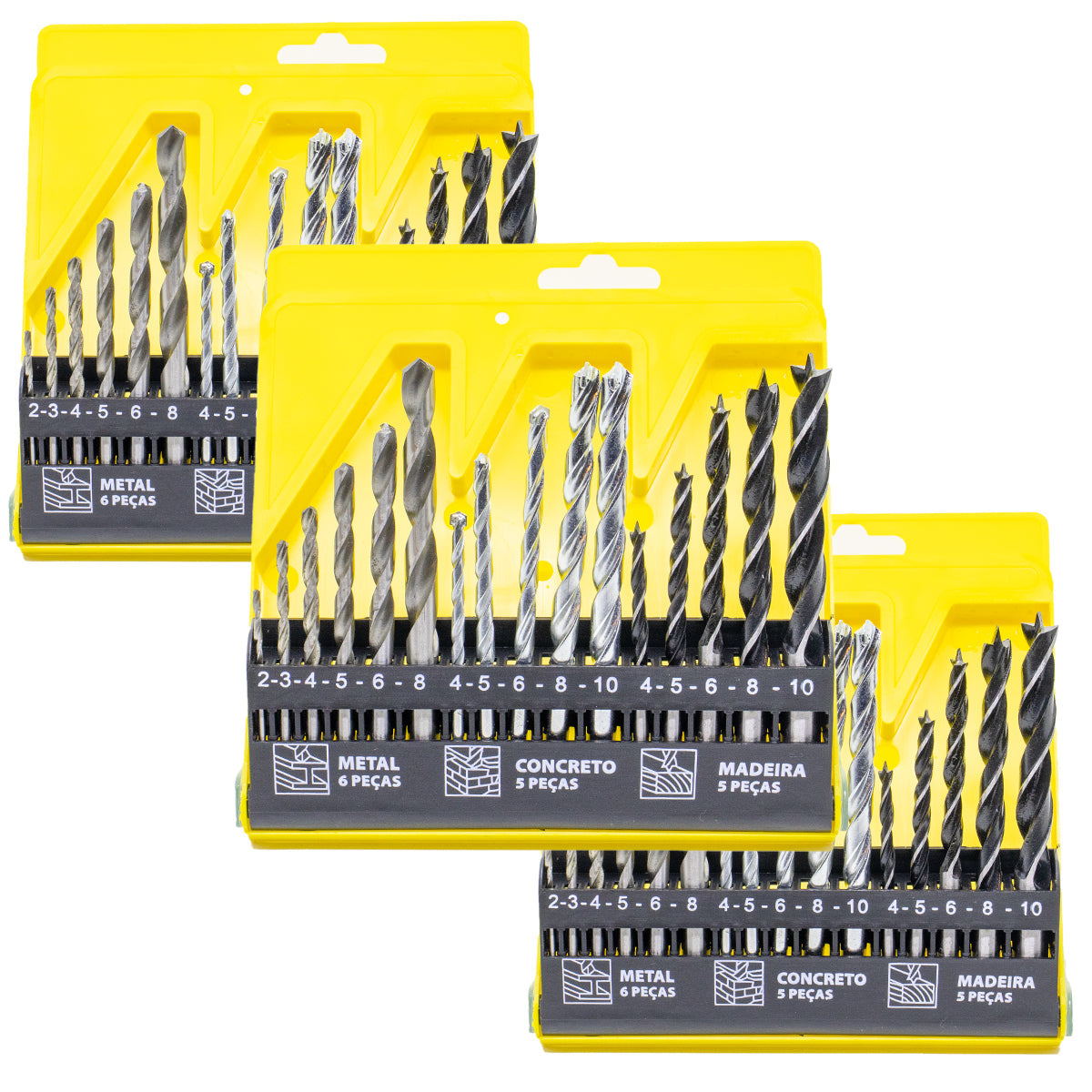 Kit de 48 brocas para madeira, concreto e metal, com 3 jogos de brocas de diferentes tamanhos para perfurações precisas em diversos materiais. Inclui brocas para metal (6 peças), concreto (5 peças) e madeira (5 peças), ideal para trabalhos de construção, reparos e marcenaria.