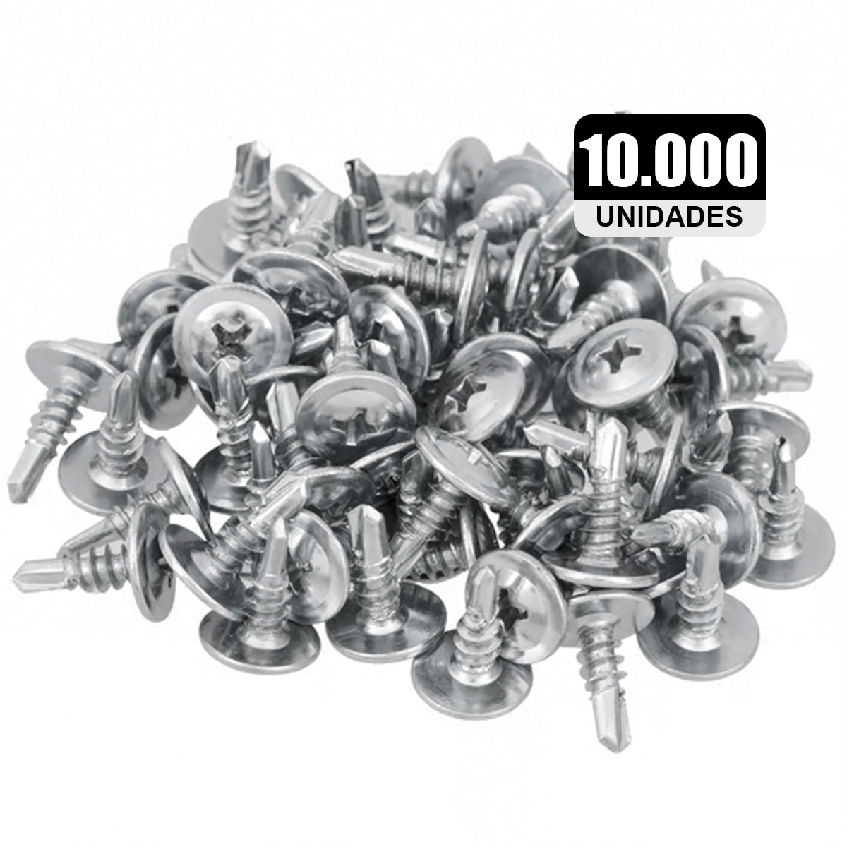 Parafuso Flangeado Ponta Broca Drywall 4,2x13mm com 10.000 unidades. Ideal para fixação em drywall, aço carbono galvanizado, ponta broca autoperfurante, cabeça flangeada para maior área de contato e resistência.