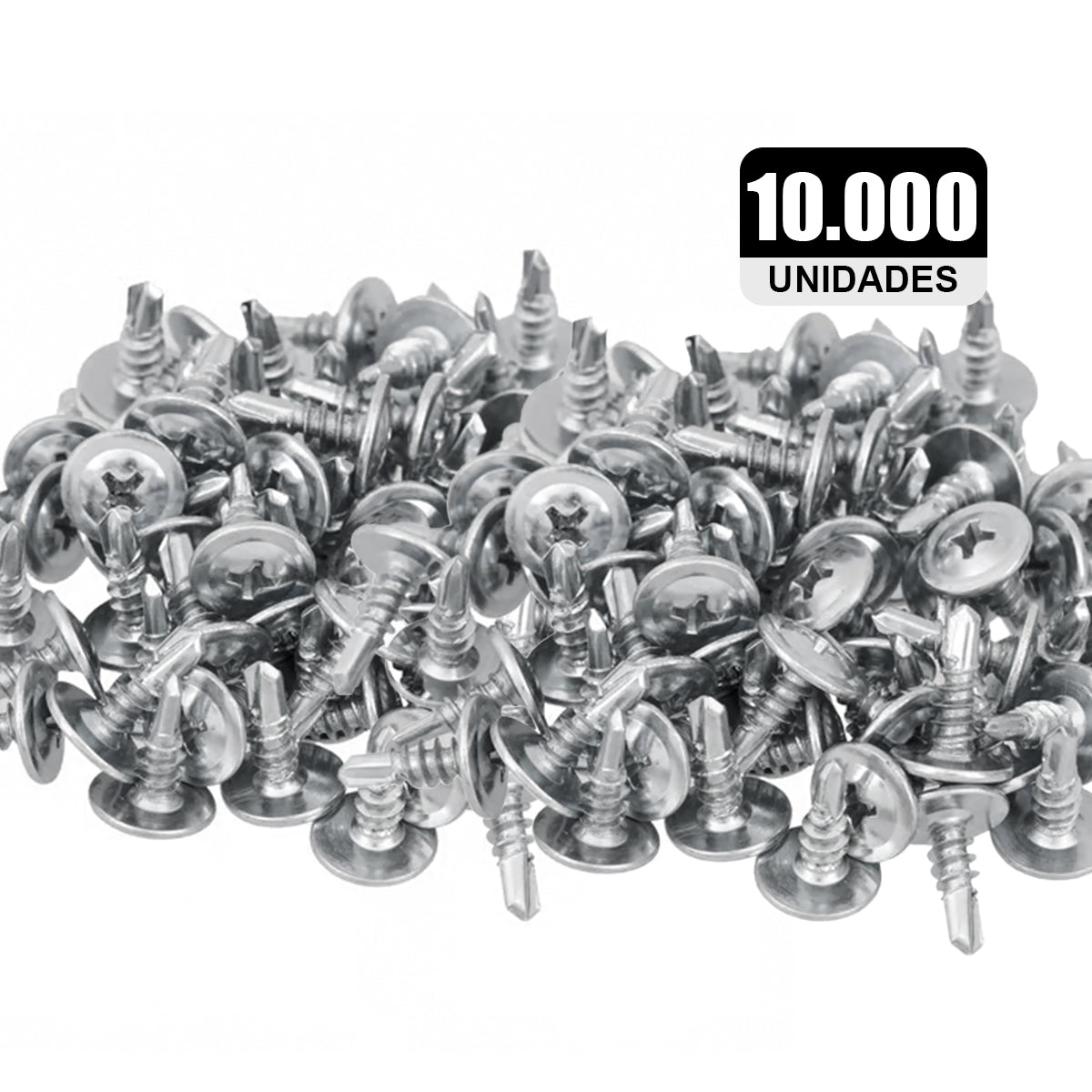 Parafuso Flangeado Ponta Broca Drywall 4,2x13mm com 10.000 unidades. Parafuso autoperfurante em aço carbono galvanizado, ideal para fixação de drywall em perfis metálicos. Possui cabeça flangeada para maior área de contato e ponta broca que dispensa pré-furação.