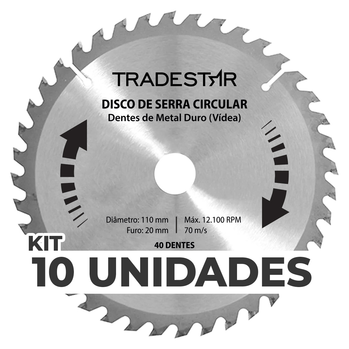 Kit 10 Discos de Serra Circular para Madeira 40 Dentes 110x20mm Tradestar - Ideal para cortes precisos em madeira. Discos de metal duro (vídea), 110mm diâmetro, furo 20mm, 40 dentes. Perfeito para serras circulares Makita.