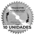 Kit 10 Discos de Serra Circular para Madeira 40 Dentes 110x20mm Tradestar - Ideal para cortes precisos em madeira. Discos de metal duro (vídea), 110mm diâmetro, furo 20mm, 40 dentes. Perfeito para serras circulares Makita.