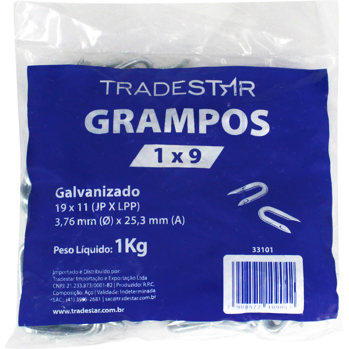 Grampo Tipo U Galvanizado Tradestar para cerca de arame farpado e liso, saco com 1kg. Ideal para fixação de cercas, alambrados e telas. Fabricado em aço galvanizado, oferece alta resistência e durabilidade. Dimensões: 19x11 (JPXLPP), 3,76mm x 25,3mm. Referência 33101.