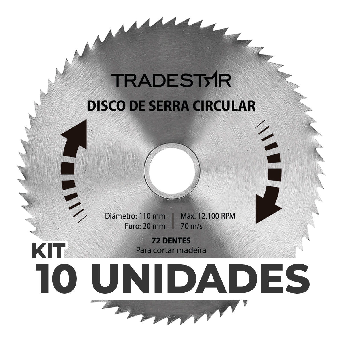 Kit 10 Discos de Serra Circular para Madeira 110x20mm 72 Dentes - Ideal para cortes precisos em madeira, compatível com serras circulares Makita. Ferramenta de alta durabilidade e eficiência para marcenaria e carpintaria. Inclui 10 unidades, corte rápido e seguro.
