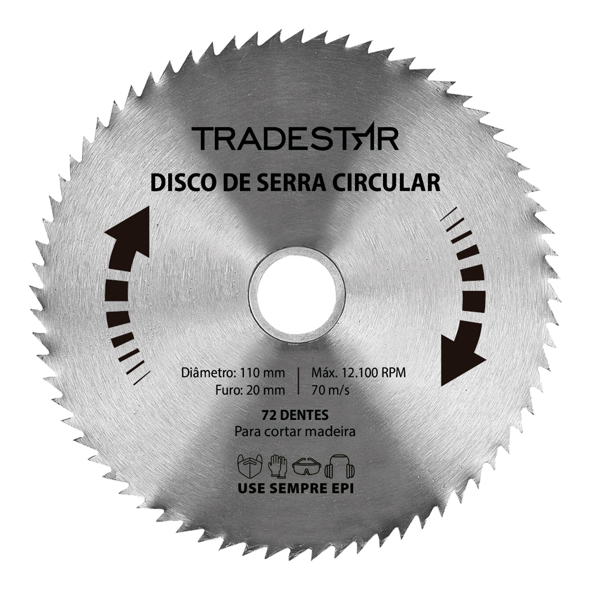 Kit 25 Discos de Serra Circular para Madeira 72 Dentes 110x20mm Makita - Disco de serra circular Tradestar, ideal para cortes precisos em madeira. Possui 72 dentes, diâmetro de 110mm e furo de 20mm. Imagem ilustrativa do disco de serra.