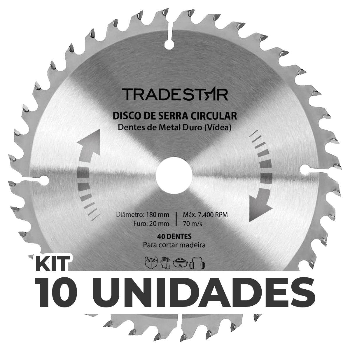 Kit 10 Discos de Serra Circular para Madeira 180x20mm 40 Dentes Makita - Disco de serra circular Tradestar, ideal para cortes precisos em madeira, com 40 dentes de metal duro (vídea), 180mm de diâmetro e furo de 20mm. Perfeito para marcenaria e carpintaria.