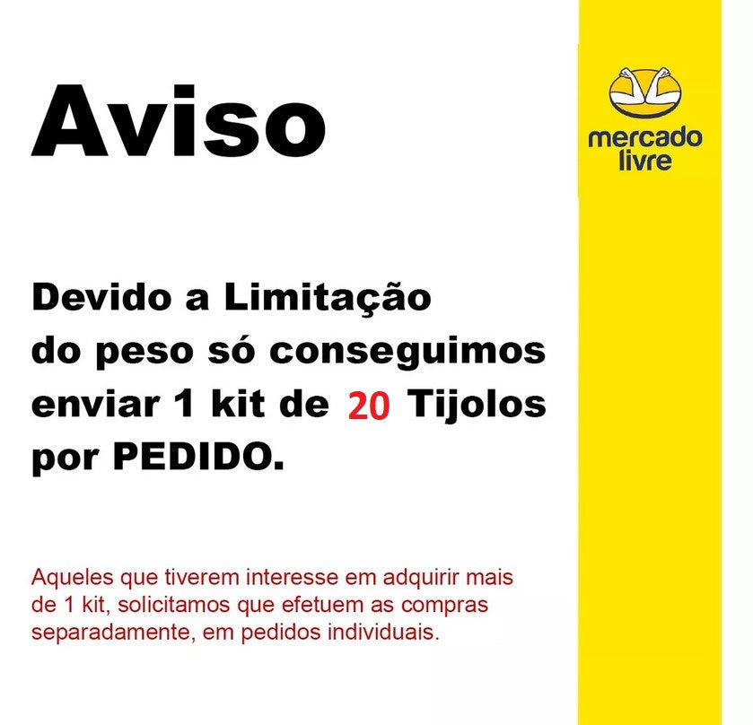 Aviso importante: Devido à limitação de peso, é possível enviar apenas 1 kit de 20 Tijolos Bloco de Vidro Transparente Liso Tradestar por pedido. Para compras de múltiplos kits, efetue pedidos separados.