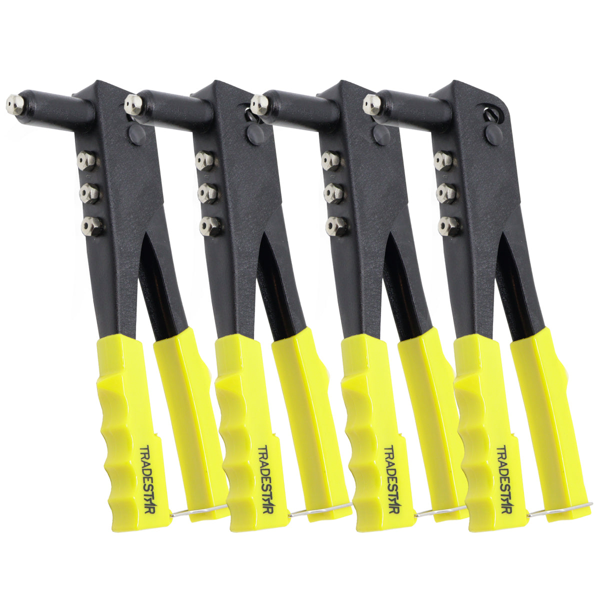 Kit com 4 alicates rebitadeiras manuais profissionais com 4 bicos intercambiáveis. Ferramentas pretas com cabos ergonômicos amarelos, ideais para fixação em metal, plástico e couro. Inclui chave de ajuste para facilitar a troca dos bicos e garantir versatilidade em diversos trabalhos de montagem e reparo.
