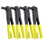Kit com 4 alicates rebitadeiras manuais profissionais com 4 bicos intercambiáveis. Ferramentas pretas com cabos ergonômicos amarelos, ideais para fixação em metal, plástico e couro. Inclui chave de ajuste para facilitar a troca dos bicos e garantir versatilidade em diversos trabalhos de montagem e reparo.