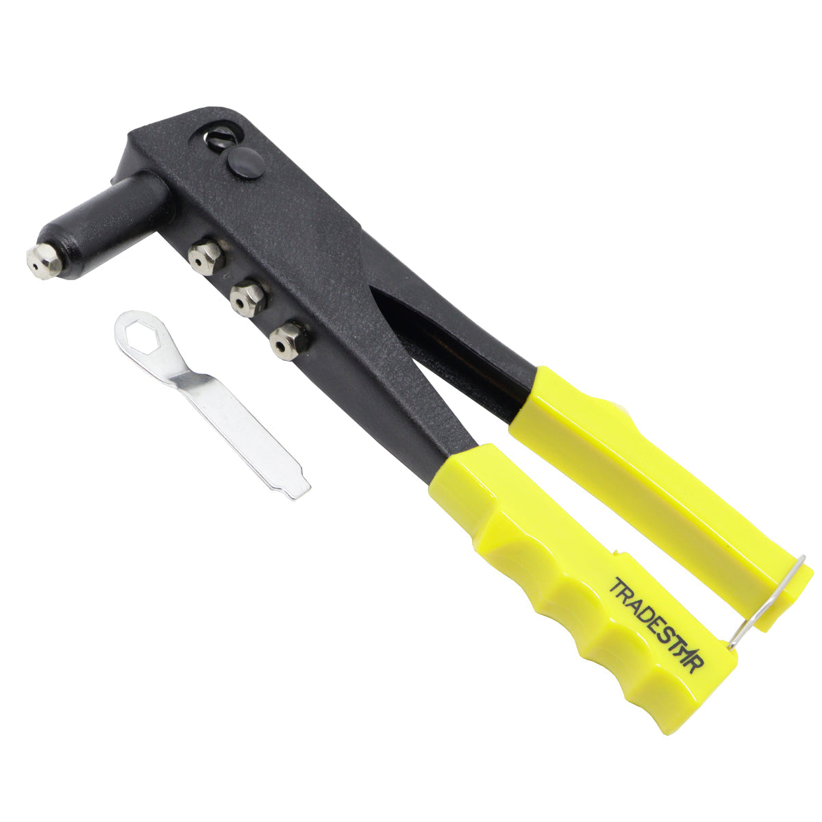 Kit 04 Alicate Rebitadeira Manual Profissional com 4 Bicos, ideal para fixação de rebites em metal, plástico e couro. Inclui chave de ajuste e empunhadura ergonômica para uso profissional e doméstico. Ferramenta robusta e versátil para montagem e reparos.
