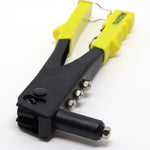 Kit 04 Alicate Rebitadeira Manual Profissional com 4 Bicos, ferramenta preta e amarela para fixação de rebites em metal, plástico e couro. Inclui bicos intercambiáveis e empunhadura ergonômica para uso profissional e doméstico.