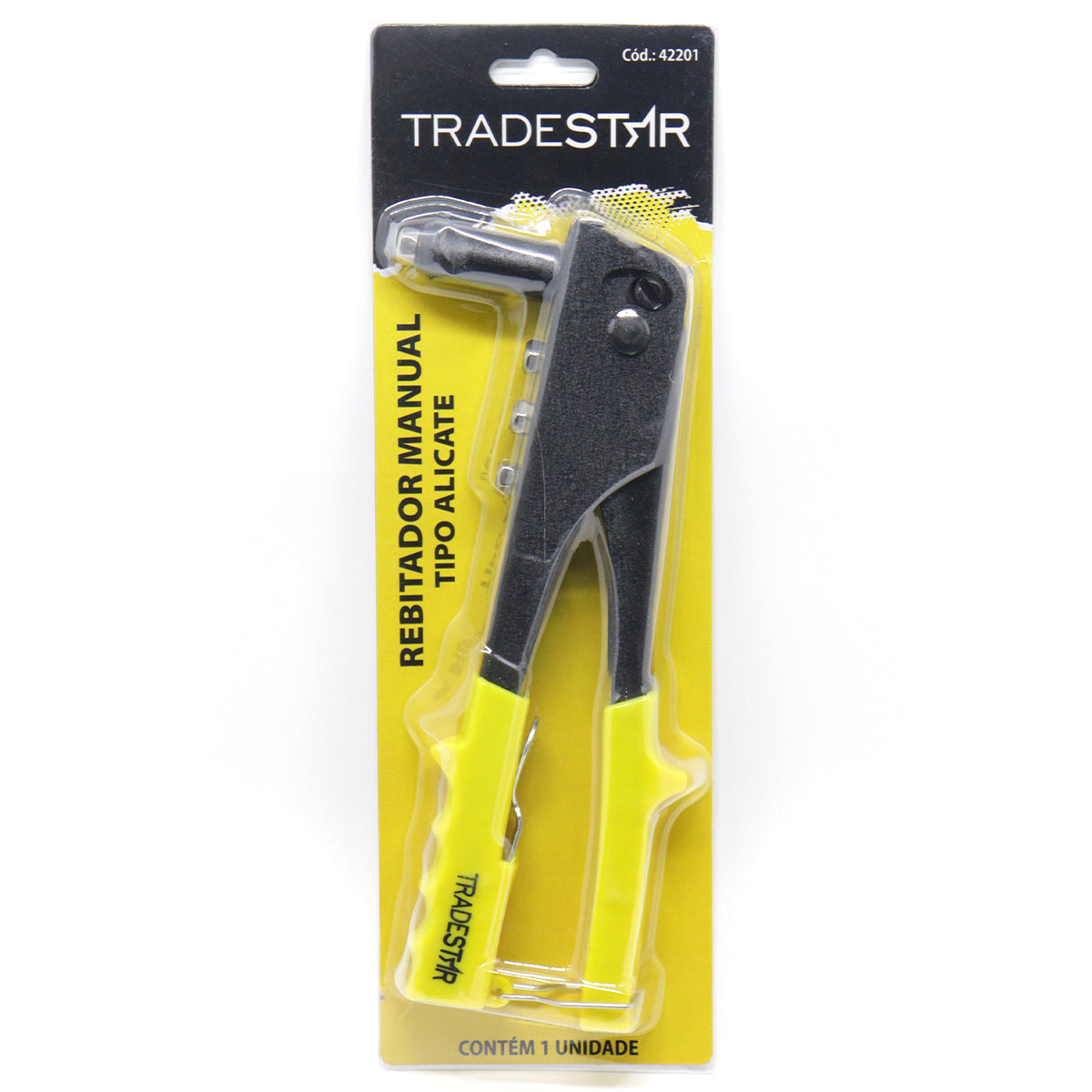 Kit 04 Alicate Rebitadeira Manual Profissional Tradestar com 4 bicos intercambiáveis para fixação em metal, plástico e couro. Ferramenta ergonômica, ideal para uso profissional e doméstico. Acompanha chave de ajuste.
