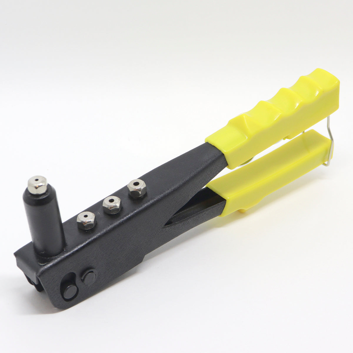 Kit 04 Alicate Rebitadeira Manual Profissional com 4 Bicos, ideal para fixação de rebites em metal, plástico e couro. Ferramenta ergonômica com empunhadura amarela, bicos intercambiáveis e chave de ajuste para uso profissional e doméstico em oficinas, marcenarias e reparos.
