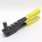 Kit 04 Alicate Rebitadeira Manual Profissional com 4 Bicos, ideal para fixação de rebites em metal, plástico e couro. Ferramenta ergonômica com empunhadura amarela, bicos intercambiáveis e chave de ajuste para uso profissional e doméstico em oficinas, marcenarias e reparos.