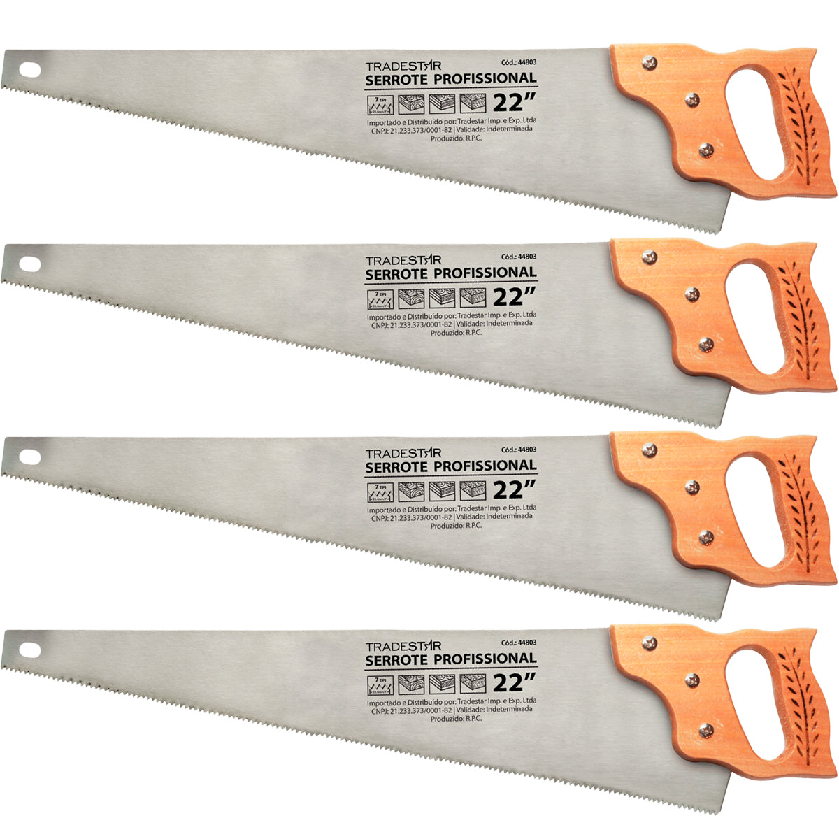 Kit com 4 serrotes profissionais Tradestar de 22 polegadas com cabo de madeira resistente. Ferramentas ideais para cortes precisos em madeira, adequadas para carpinteiros, marceneiros e projetos de bricolagem. Lâmina afiada e durável, garantindo eficiência e segurança no trabalho.