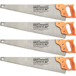 Kit com 4 serrotes profissionais Tradestar de 22 polegadas com cabo de madeira resistente. Ferramentas ideais para cortes precisos em madeira, adequadas para carpinteiros, marceneiros e projetos de bricolagem. Lâmina afiada e durável, garantindo eficiência e segurança no trabalho.