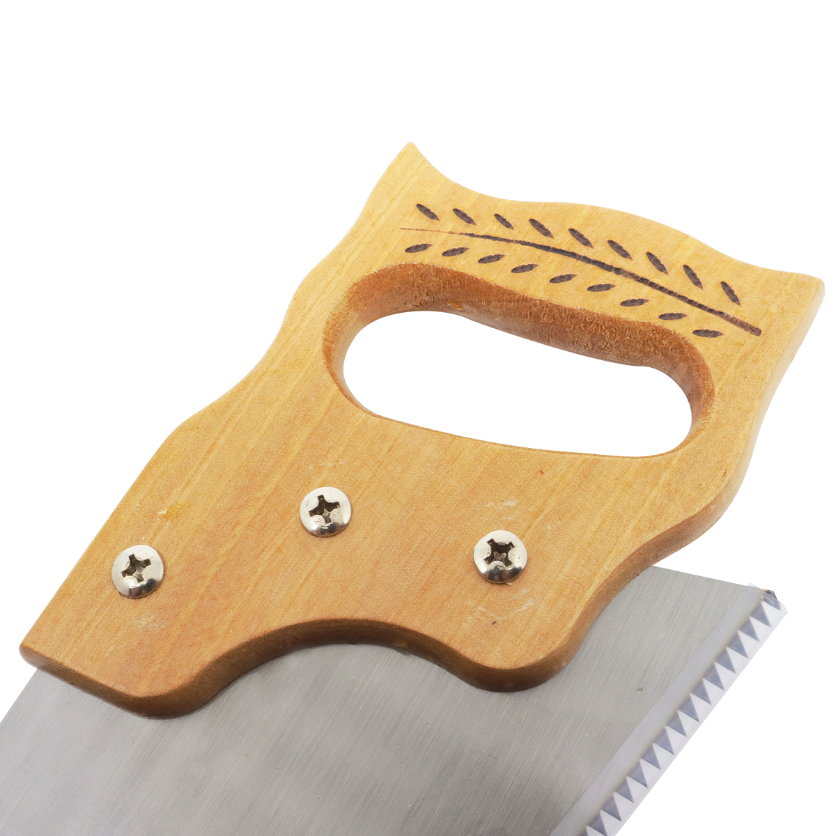 Kit 04 Serrote 22" Cabo de Madeira Resistente Profissional Tradestar - Detalhe do cabo ergonômico de madeira com parafusos e lâmina afiada, ideal para cortes precisos em madeira. Ferramenta de alta qualidade para carpintaria e marcenaria.