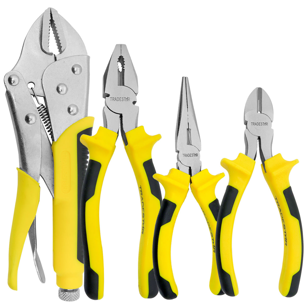 Kit Jogo 4 Alicates Tradestar para eletricista: Alicate de corte diagonal, alicate de bico longo, alicate universal e alicate de pressão. Ferramentas manuais com cabos ergonômicos amarelos e pretos, ideais para trabalhos elétricos e construção.