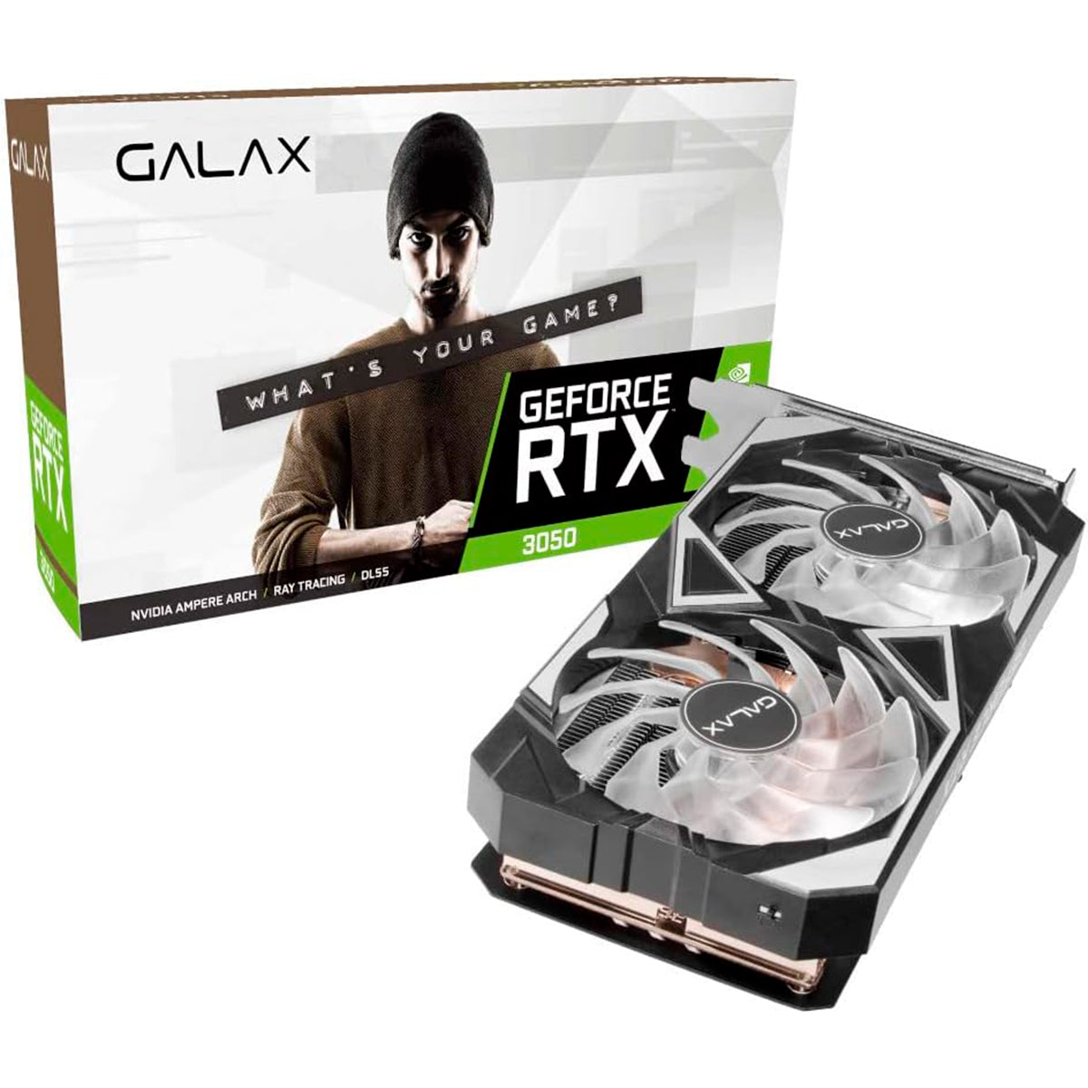 Placa de Vídeo Nvidia Galax GeForce RTX 3050 8GB - Desempenho Gamer, Ray Tracing e DLSS. Ideal para jogos e aplicações exigentes. Acompanha embalagem original com design moderno e informações sobre a placa.