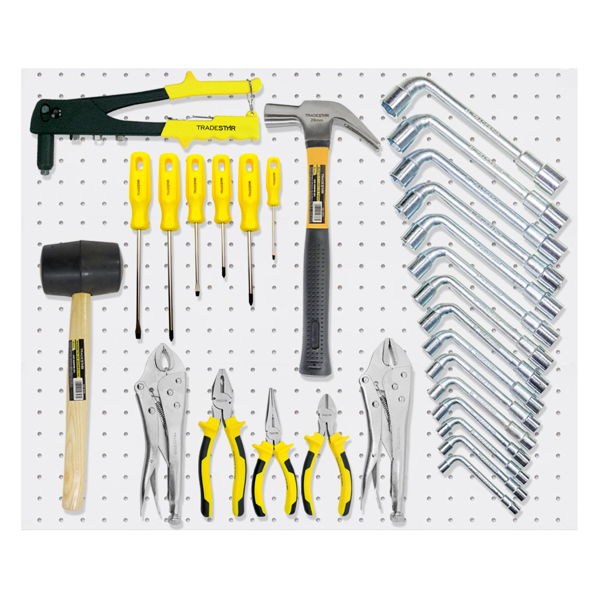 Kit 30 ferramentas mecânico Tradestar, contendo chaves L, martelos, alicates de corte, alicate universal, alicate de pressão, chaves de fenda e phillips. Ideal para mecânicos e uso geral.