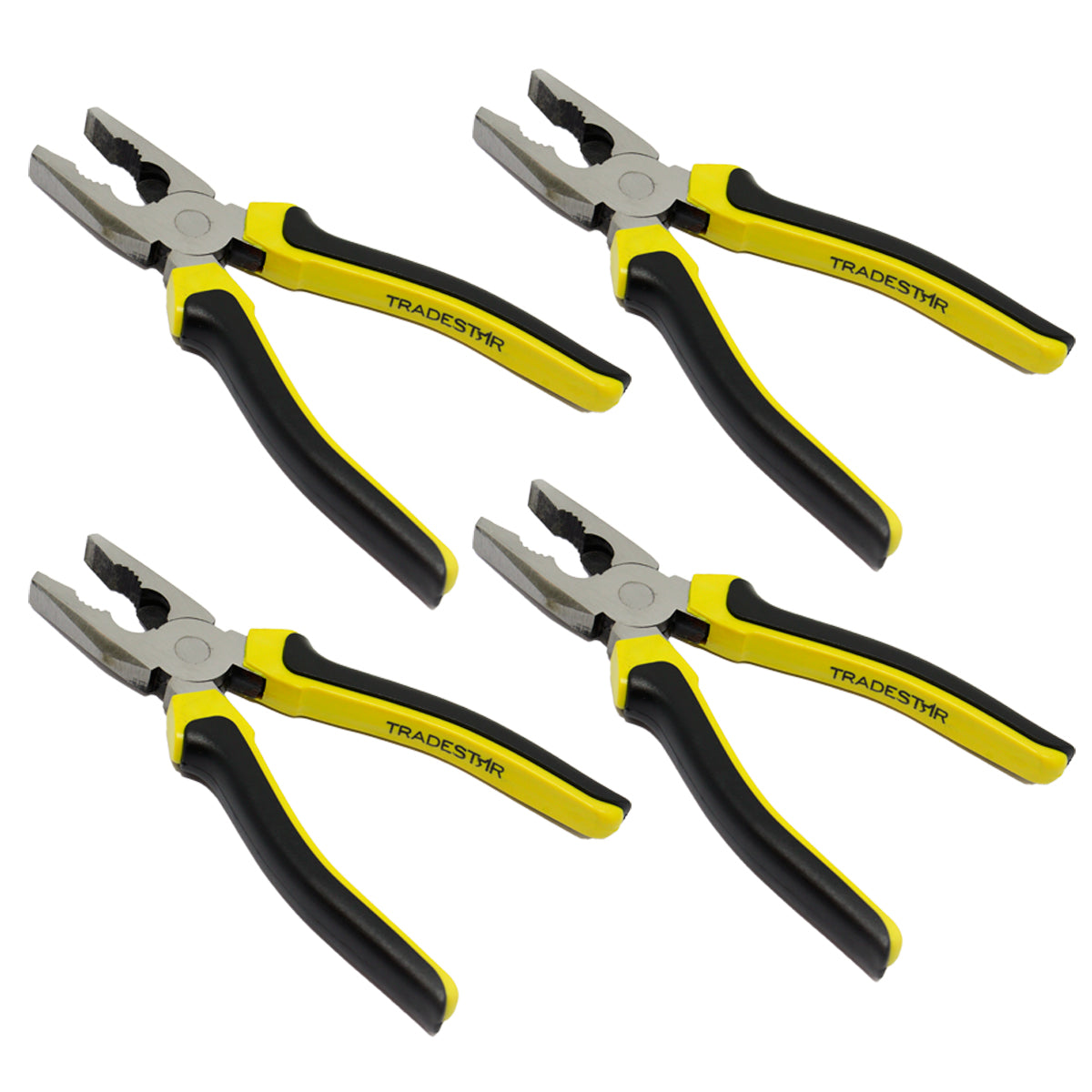 Kit com 04 Alicates Universais Profissionais 8 Polegadas (200mm) - Tradestar, com cabos ergonômicos em preto e amarelo, ideais para montagem, reparos e trabalhos diversos. Ferramentas de alta durabilidade e precisão para oficinas, marcenarias e uso doméstico.