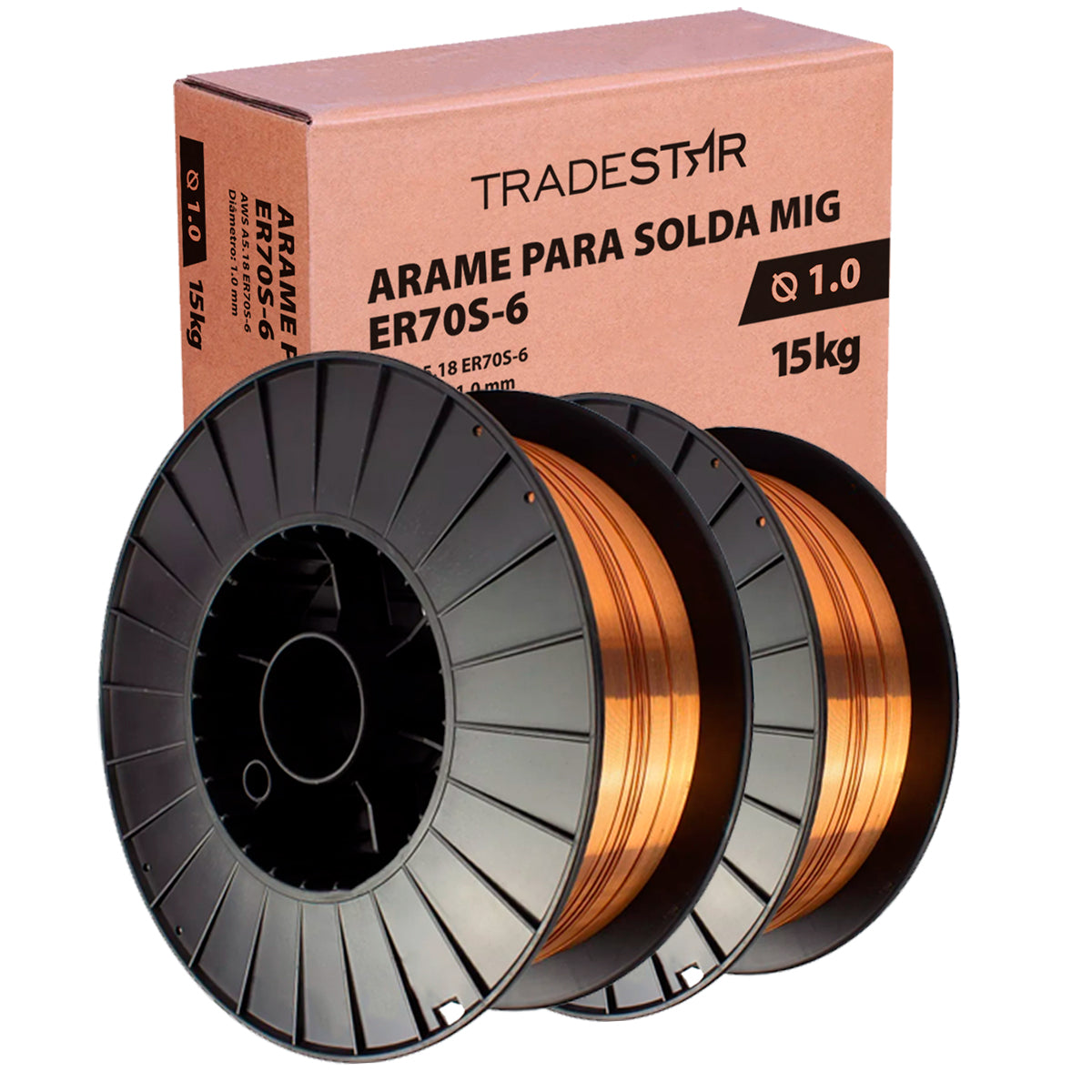 Kit 2 rolos de arame para solda MIG com gás 1,0 mm 15kg ER70S-6 Tradestar, ideal para soldagem de aço carbono e baixa liga. Arame de alta qualidade, com ótima fusão, penetração e fluxo mínimo de respingos. Perfeito para soldas profissionais e projetos de soldagem MIG.