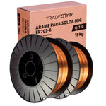 Kit 2 rolos de arame para solda MIG com gás 1,0 mm 15kg ER70S-6 Tradestar, ideal para soldagem de aço carbono e baixa liga. Arame de alta qualidade, com ótima fusão, penetração e fluxo mínimo de respingos. Perfeito para soldas profissionais e projetos de soldagem MIG.