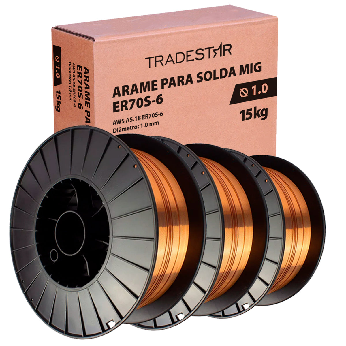 Kit 3 rolos de arame para solda MIG com gás 1,0 mm 15kg ER70S-6 Tradestar, ideal para soldagem de aço carbono e baixa liga. Arame de alta qualidade, com ótima fusão, penetração e fluxo mínimo de respingos. Perfeito para soldas profissionais e projetos diversos.