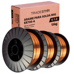 Kit 3 rolos de arame para solda MIG com gás 1,0 mm 15kg ER70S-6 Tradestar, ideal para soldagem de aço carbono e baixa liga. Arame de alta qualidade, com ótima fusão, penetração e fluxo mínimo de respingos. Perfeito para soldas profissionais e projetos diversos.