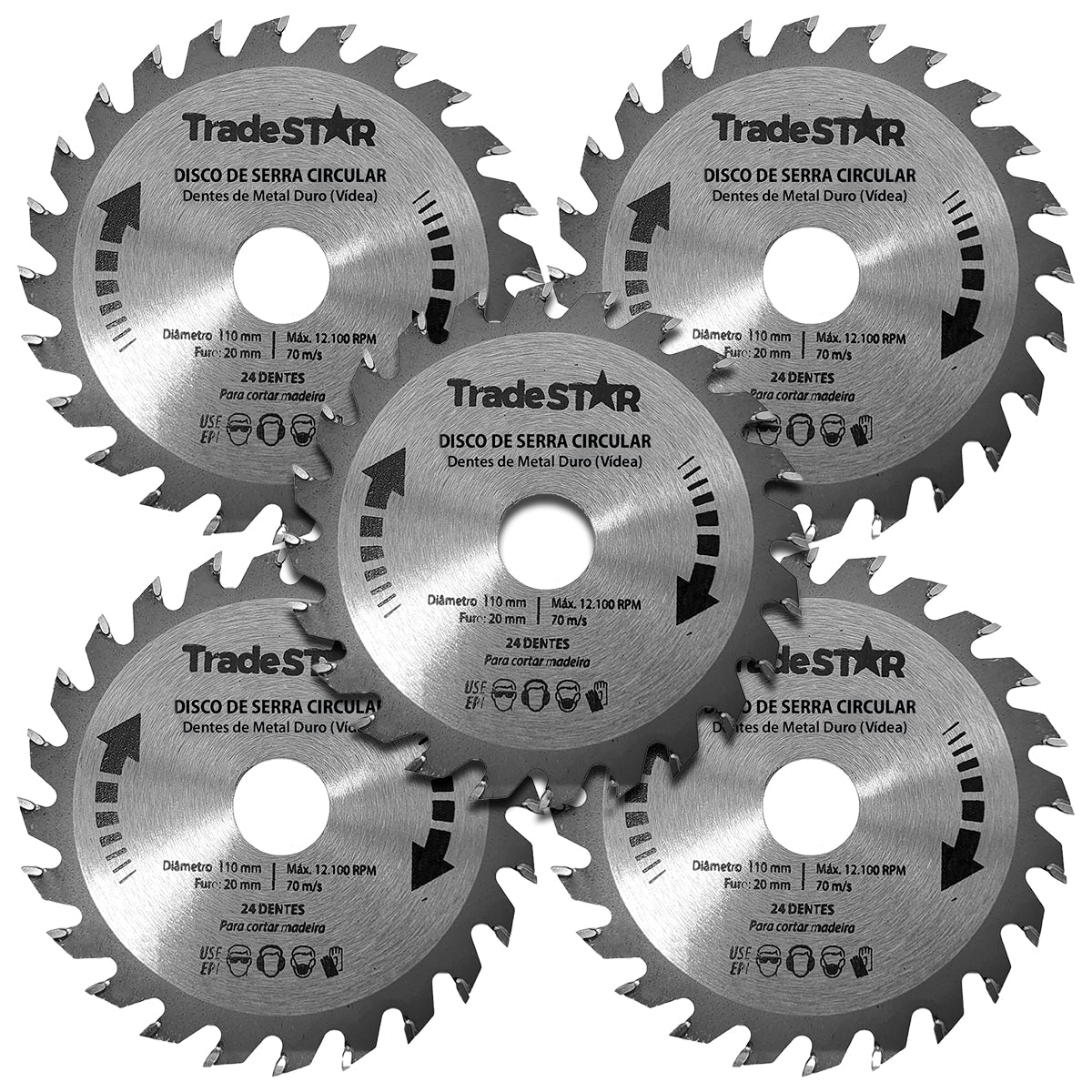 Kit com 5 discos de serra circular vídea Tradestar 110x20mm com 24 dentes para cortes precisos em madeira, MDF, compensados e derivados. Lâminas de metal duro para maior durabilidade e cortes limpos. Ideal para marceneiros, carpinteiros e projetos DIY.